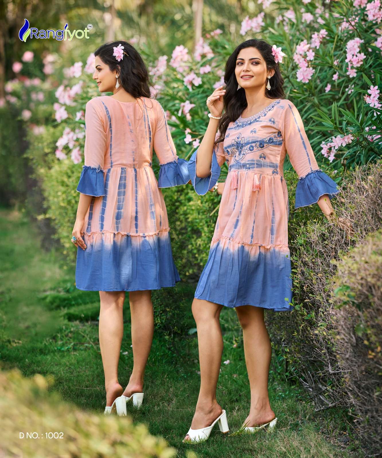 RICHGIRL MULL COTTON SEQUENCE, EMBROIDERY AND HANDWORK FANCY TUNICS WITH SHADES OF SHIBORI PRINT BY RANGJYOT BRAND 1002